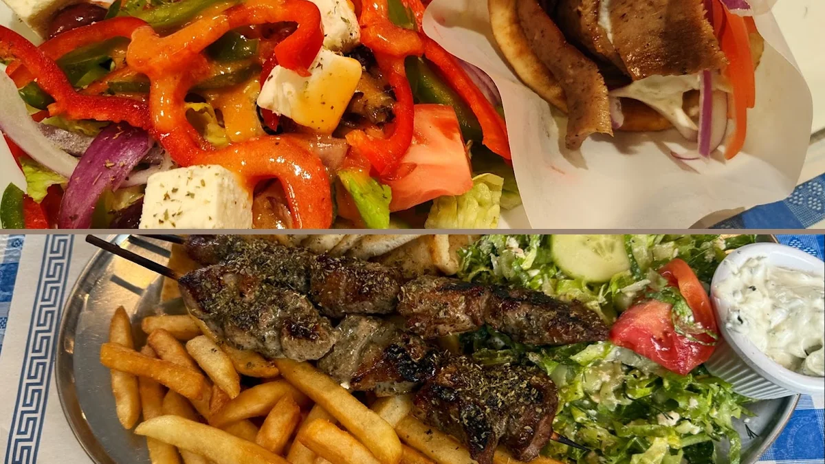 Greek dishes on a casual restaurant table.